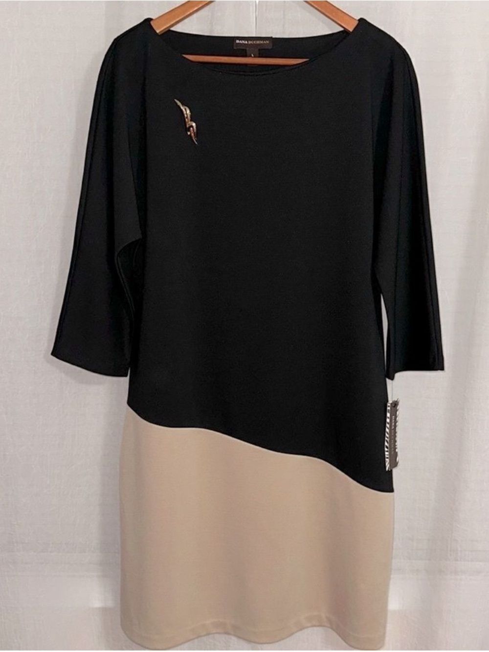 DANA BUCHMAN L Black Cream Color Block Black Tie Deco Fantasy Ponte Knit Dress